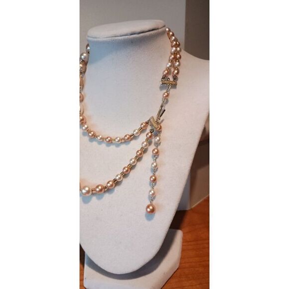 VTG Peach Pink Faux Pearl Silk Wrapped Bead Double Strand Choker Necklace Japan - Picture 3 of 6